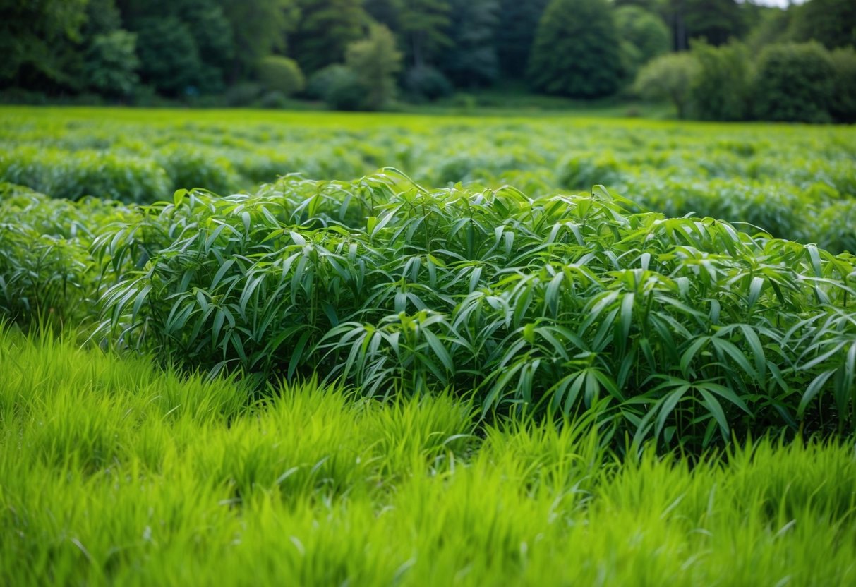 A dense thicket of Japanese knotweed overtaking a lush green meadow in the UK