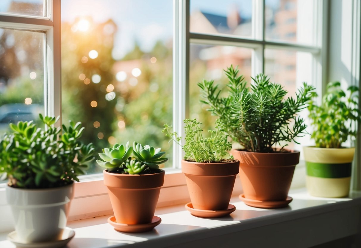 A sunny window sill with potted succulents and easy-care herbs