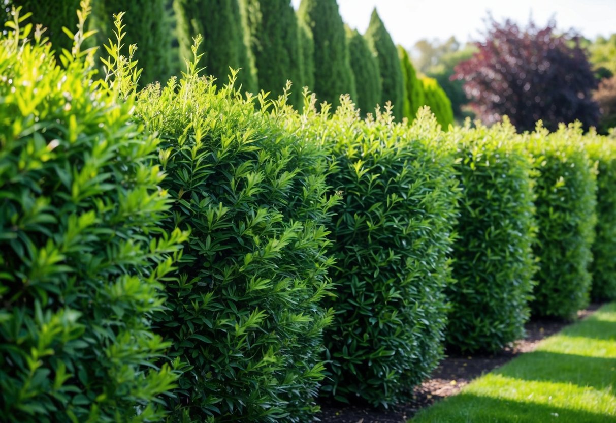 A row of tall, dense shrubs grows quickly, providing privacy in a UK garden. The vibrant green foliage and thick branches create a natural barrier