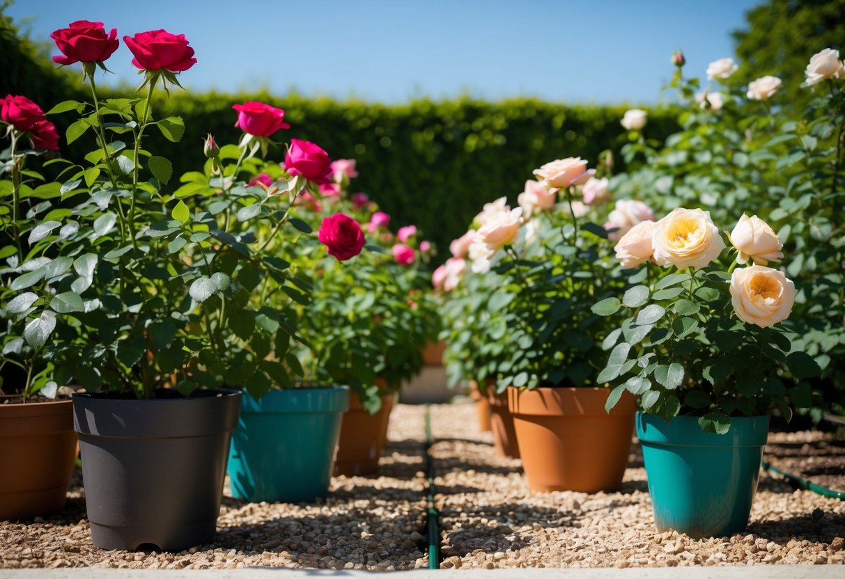 A sunny garden with a variety of potted and ground-planted roses, showcasing the comparison between the two growing environments