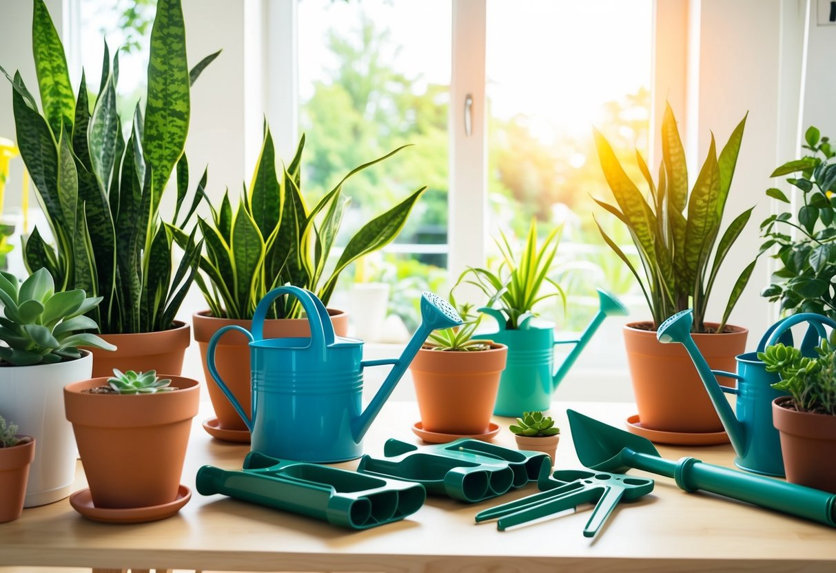 A bright, sunny room with a variety of potted plants, including easy-to-care-for options like snake plants, pothos, and succulents. Watering cans and gardening tools are neatly organized nearby