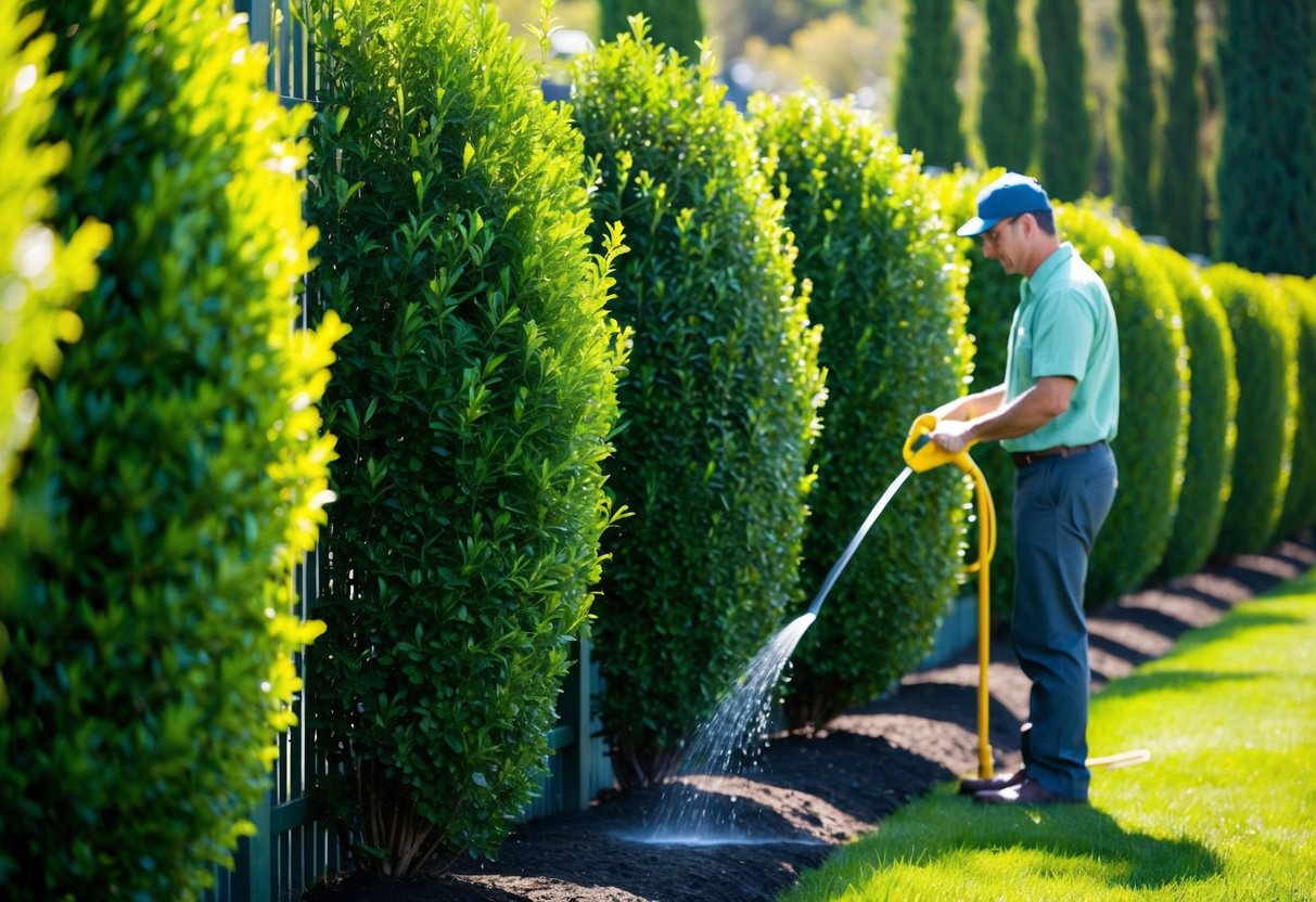 A row of tall, dense shrubs line a fence, their vibrant green leaves providing a natural barrier for privacy. A gardener waters and tends to the plants, ensuring their healthy growth