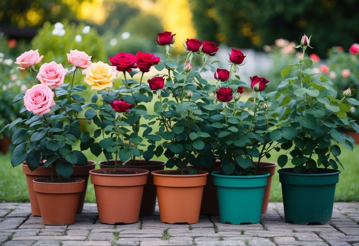 A variety of roses in pots and in the ground, showing different growth habits and sizes