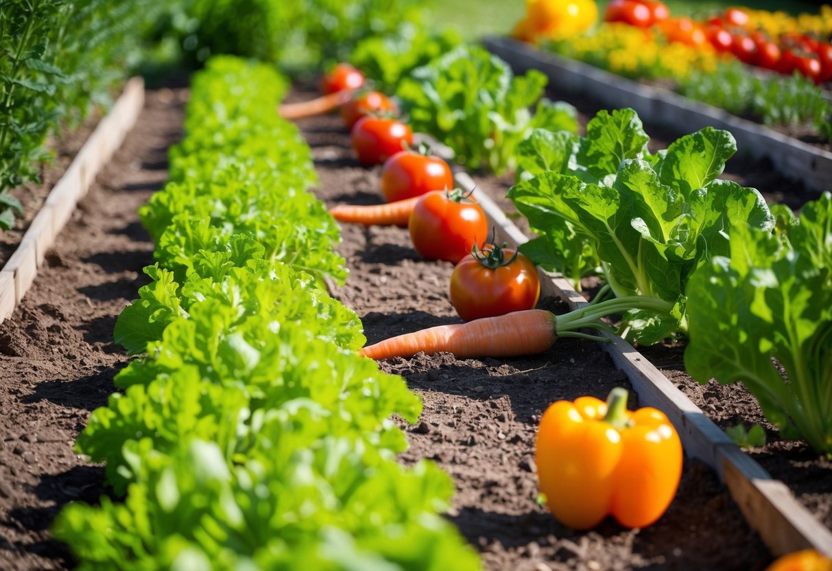 A sunny garden with rows of beginner-friendly vegetables like tomatoes, lettuce, carrots, and bell peppers growing in neat, well-tended plots