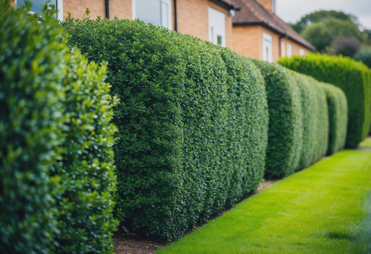 A row of lush, dense shrubs forming a natural barrier around a property, providing privacy and security in the UK