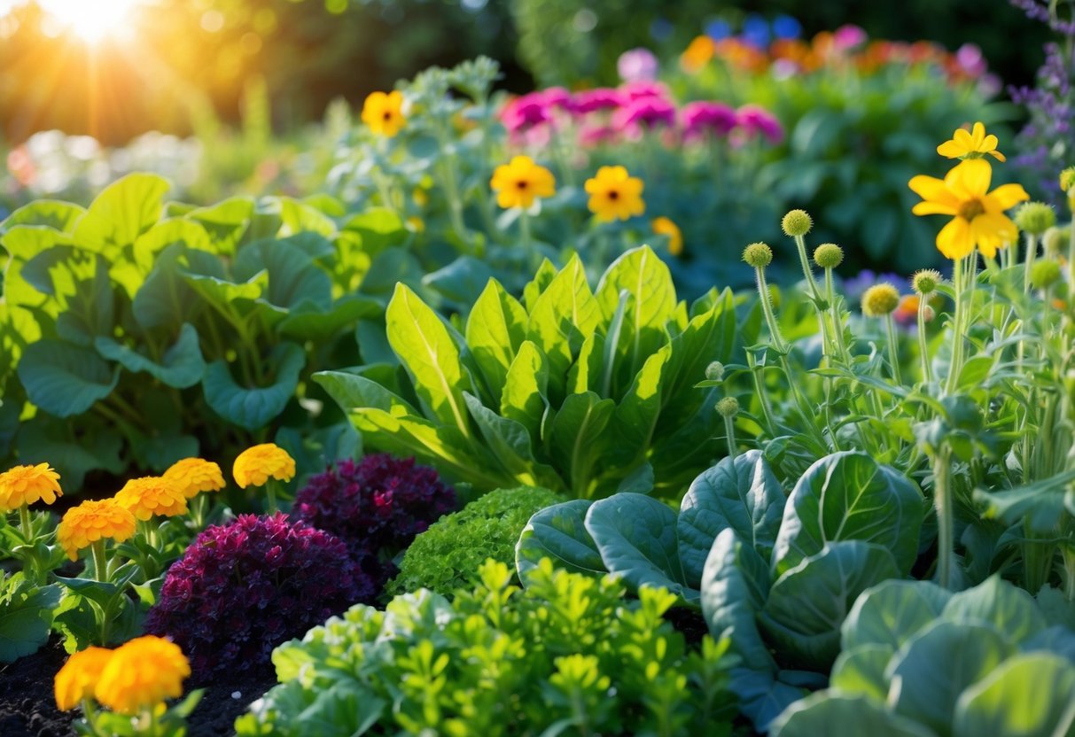 A sunny garden with a variety of colorful flowers, leafy greens, and budding vegetables, showcasing a mix of seasonal plants for year-round growth