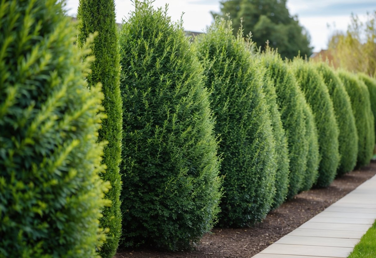 A row of tall, dense shrubs rapidly growing to create a natural privacy barrier in a well-maintained outdoor space in the UK