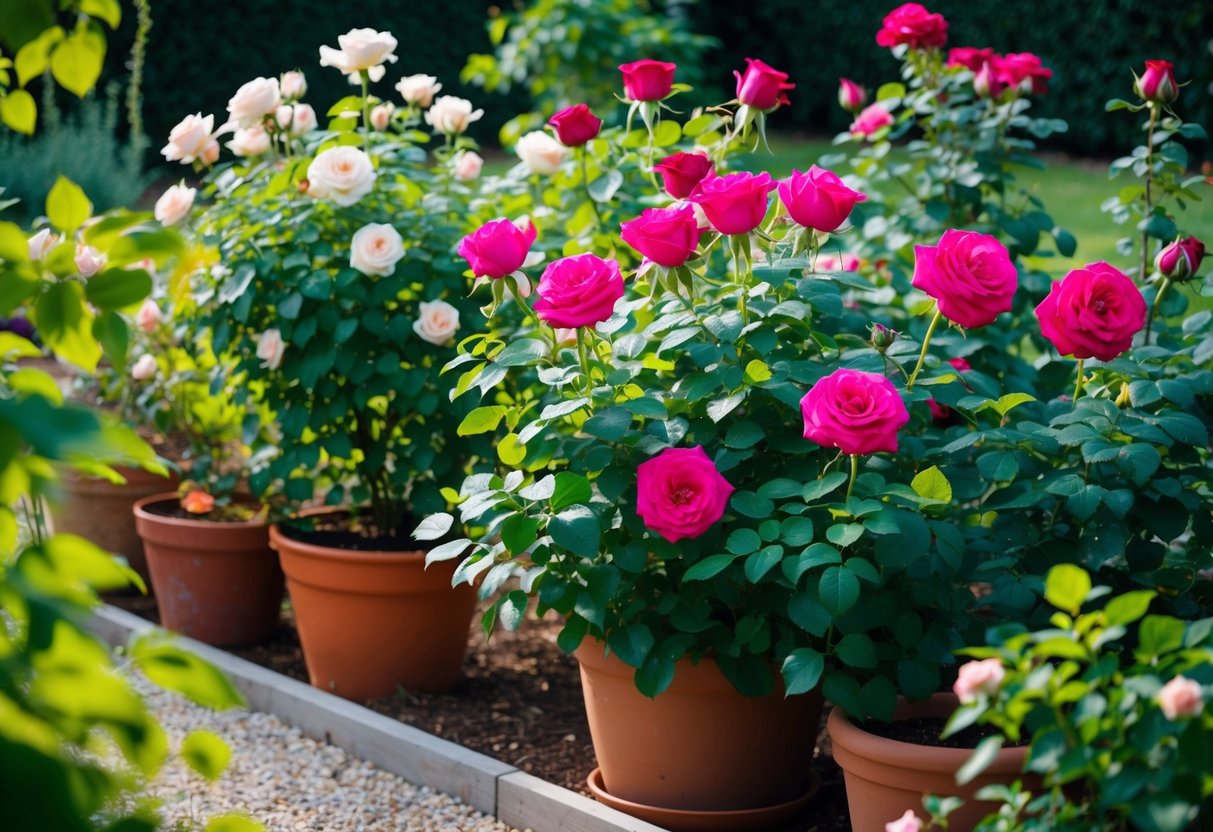 A lush garden with a variety of potted and ground-planted roses in full bloom, surrounded by healthy foliage and vibrant colors