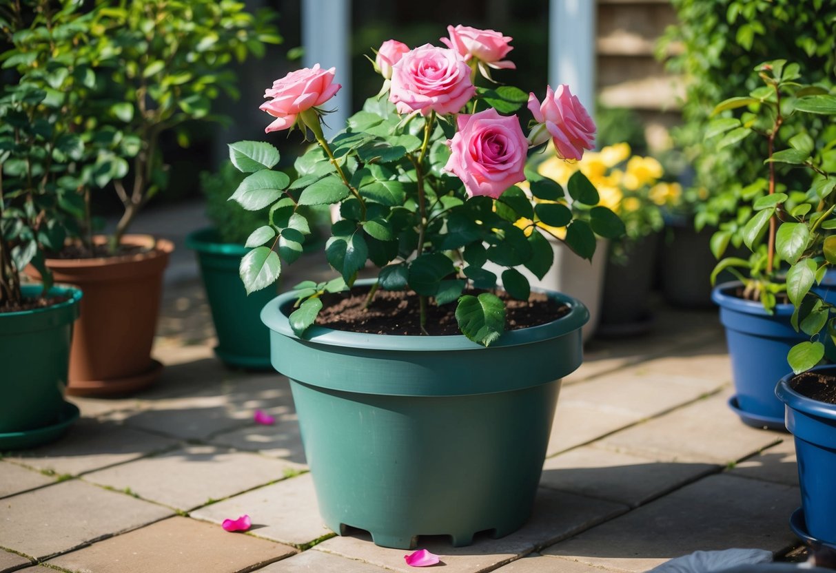 A healthy rose plant thriving in a large, well-drained pot on a sunny patio, surrounded by other potted plants and with a few fallen petals on the soil below