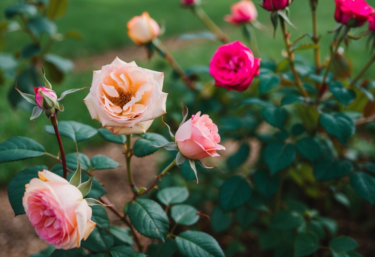 Faded roses left untouched while vibrant ones are pruned