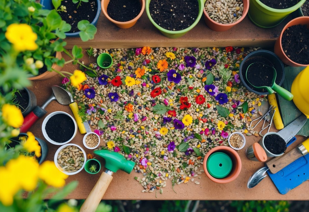 A colorful array of perennial flower seeds scattered on a potting bench, surrounded by small pots, soil, and gardening tools