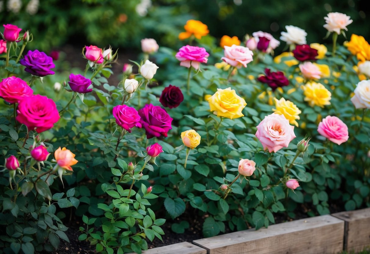 A garden bed filled with low-maintenance roses in various colors, showcasing varieties that require minimal deadheading