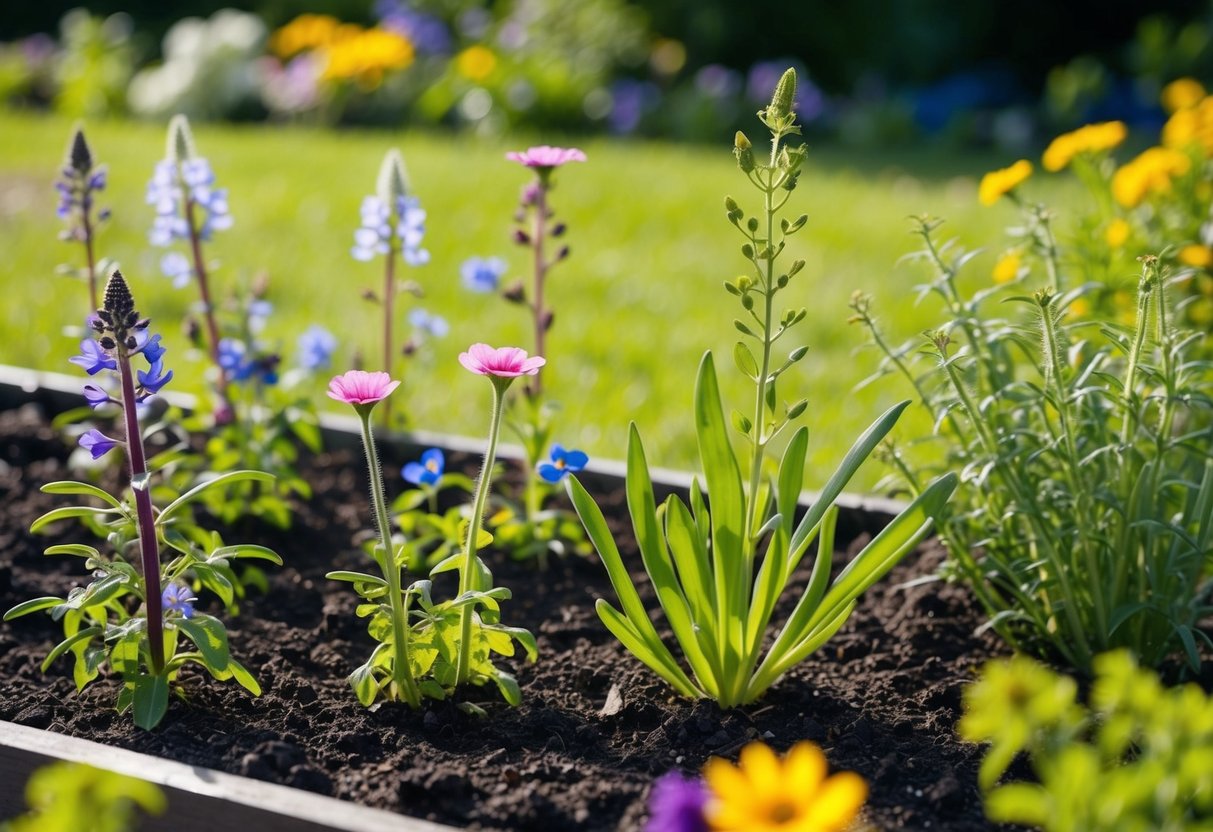 A sunny garden bed with a variety of young perennial flowers in different stages of growth, surrounded by rich, dark soil