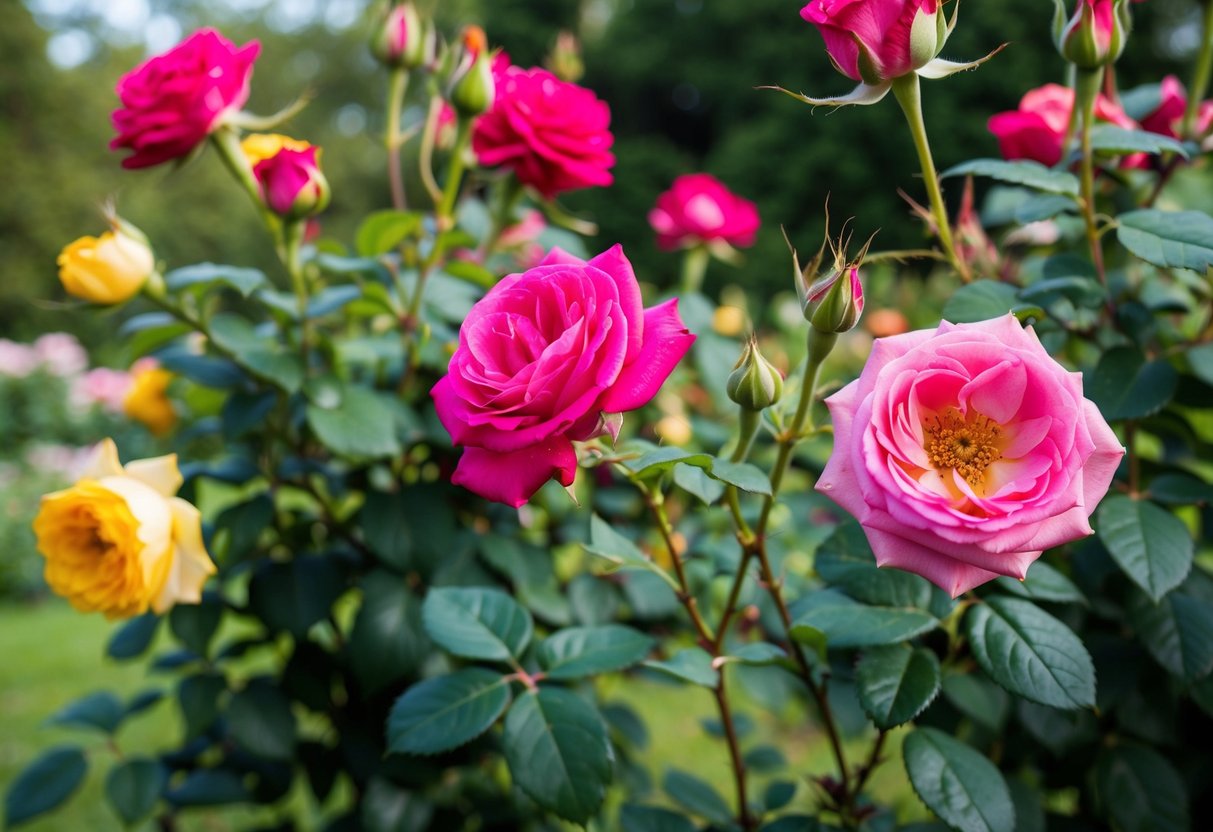 A garden with healthy, vibrant roses in bloom, some with spent blooms left untrimmed