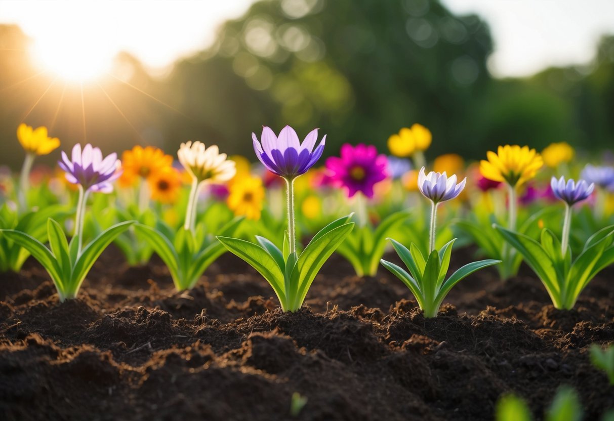 A vibrant array of colorful perennial flowers sprouting from the rich soil, with delicate petals and lush green leaves reaching towards the sun