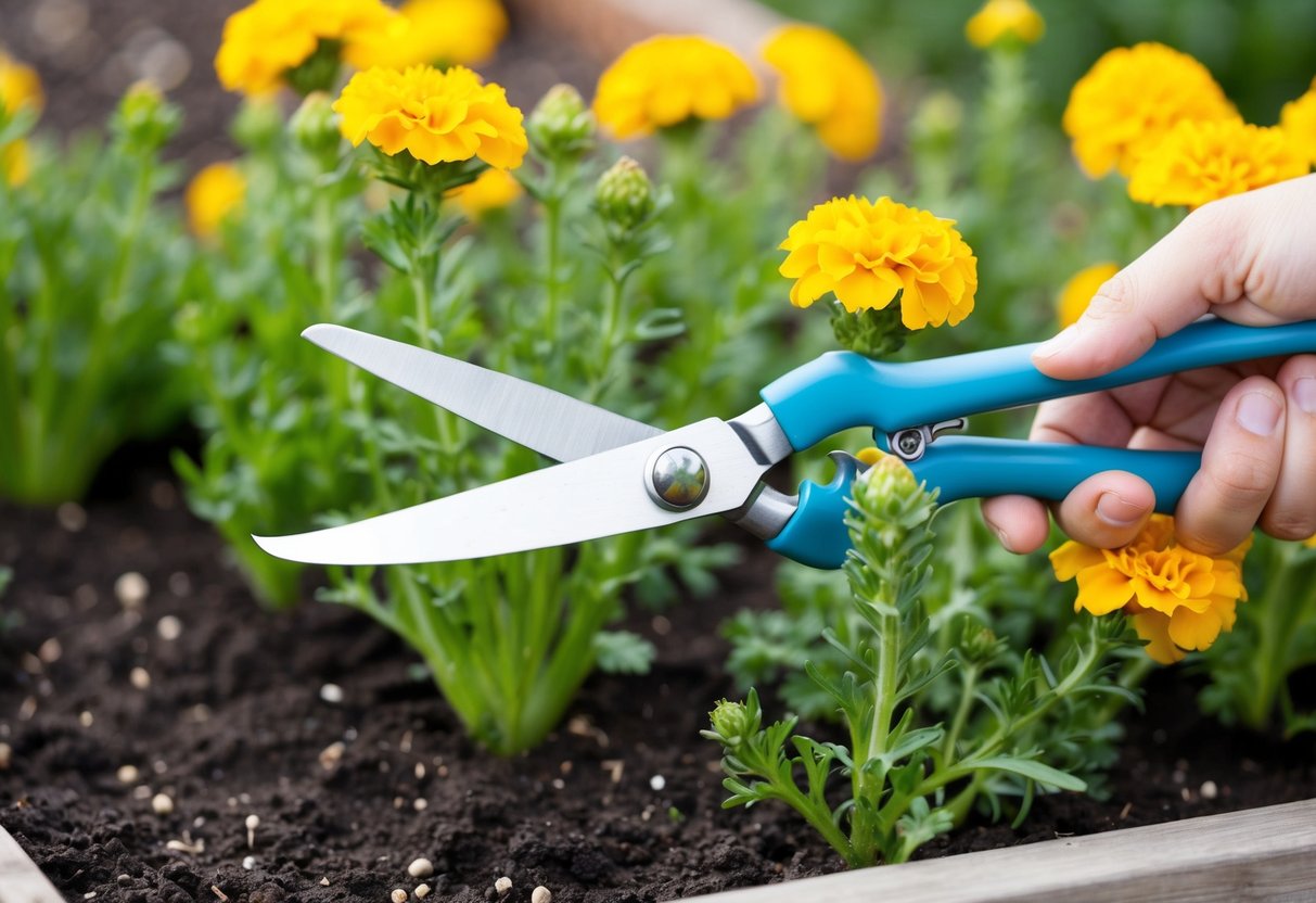 A pair of gardening shears cutting back overgrown marigold plants in a sunny garden bed