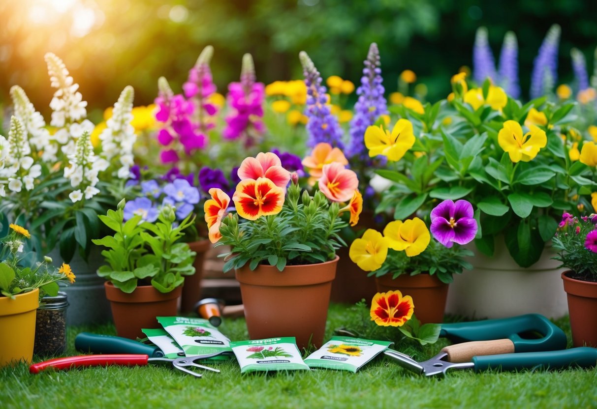 A colorful array of blooming perennial flowers, with vibrant petals and lush green foliage, surrounded by gardening tools and seed packets