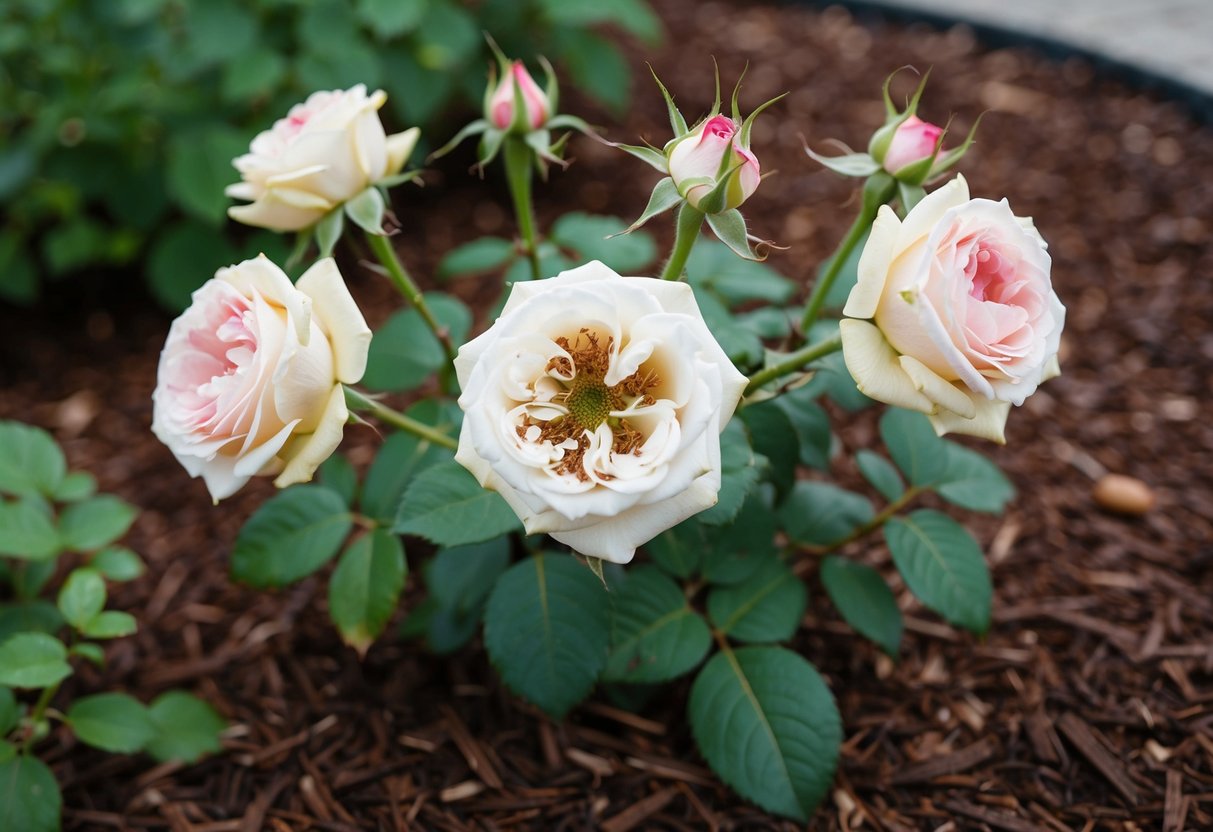 Healthy roses with spent blooms left intact, surrounded by mulch and companion plants