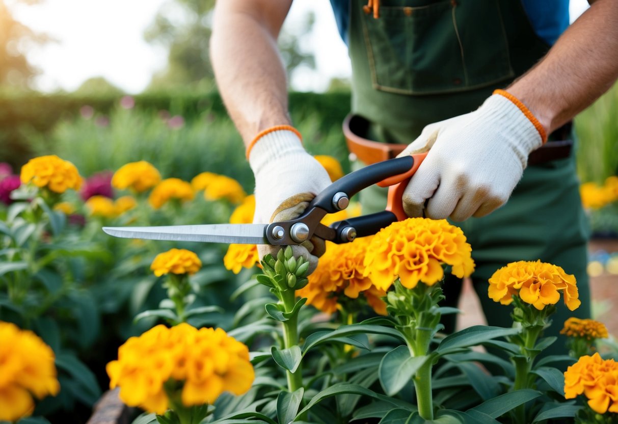 A gardener trimming marigold plants with pruning shears