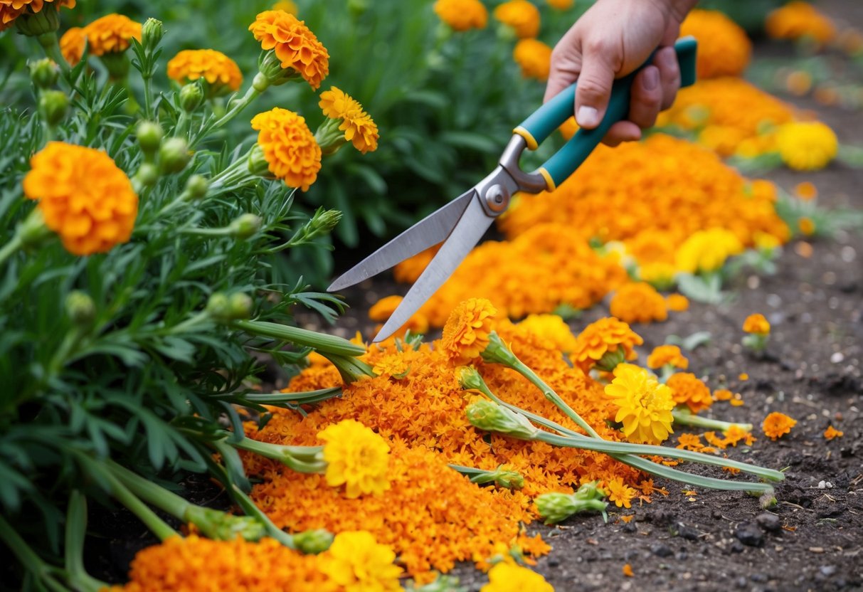 Lush marigold plants being pruned with sharp garden shears. Piles of vibrant orange and yellow flowers scattered on the ground