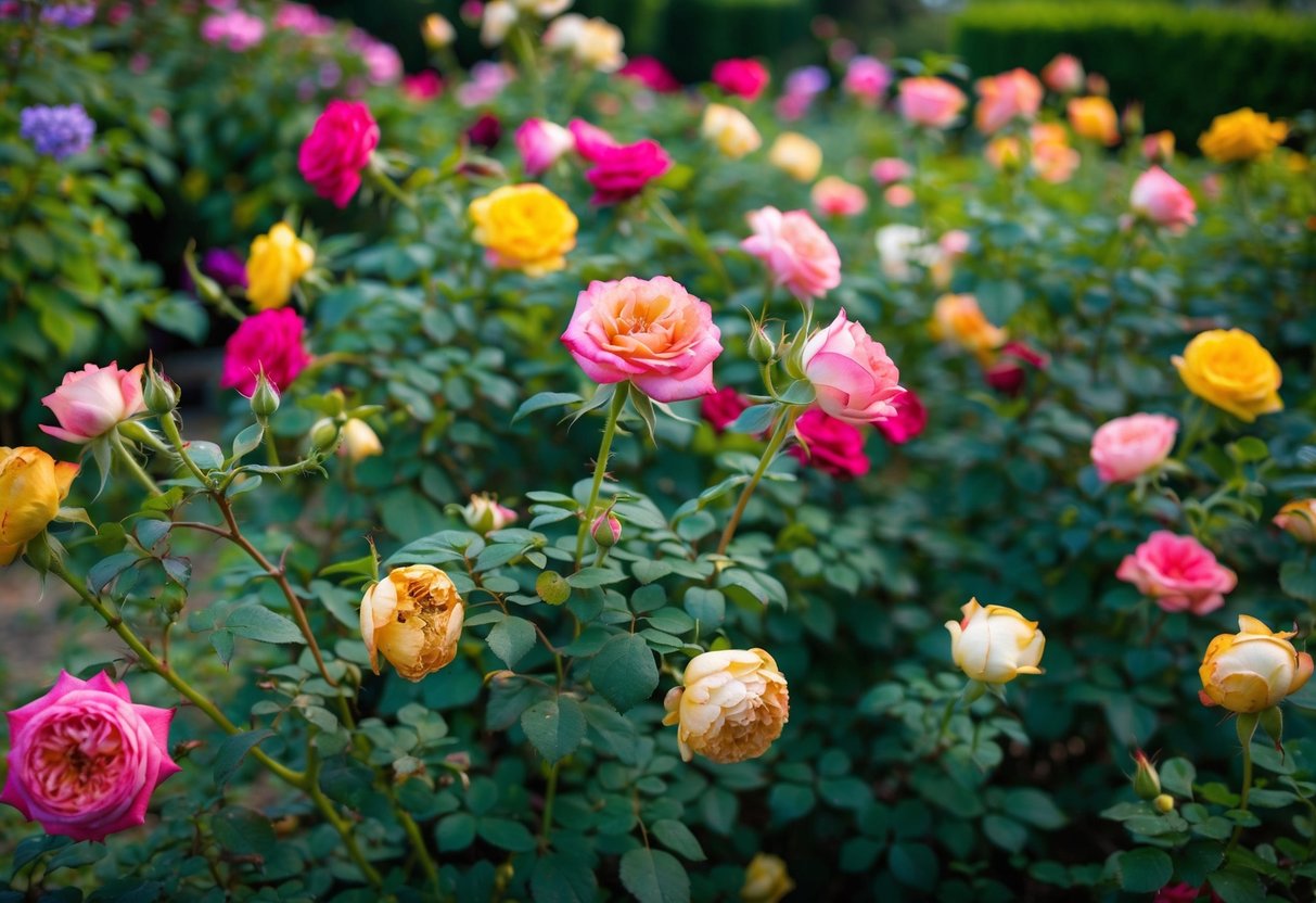 A lush garden filled with colorful ever-blooming roses, some with wilted blooms left untouched, showcasing their natural beauty without the need for deadheading