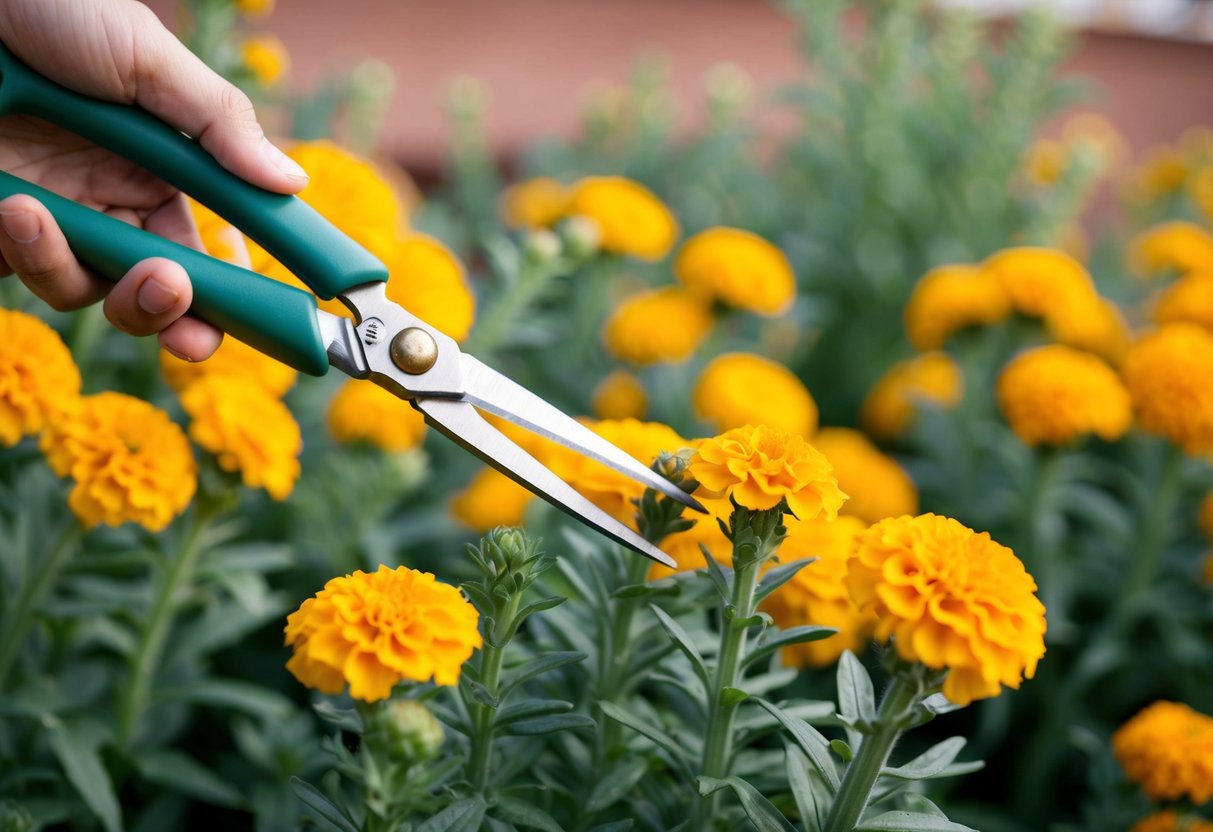 A pair of gardening shears cutting back a cluster of marigold plants