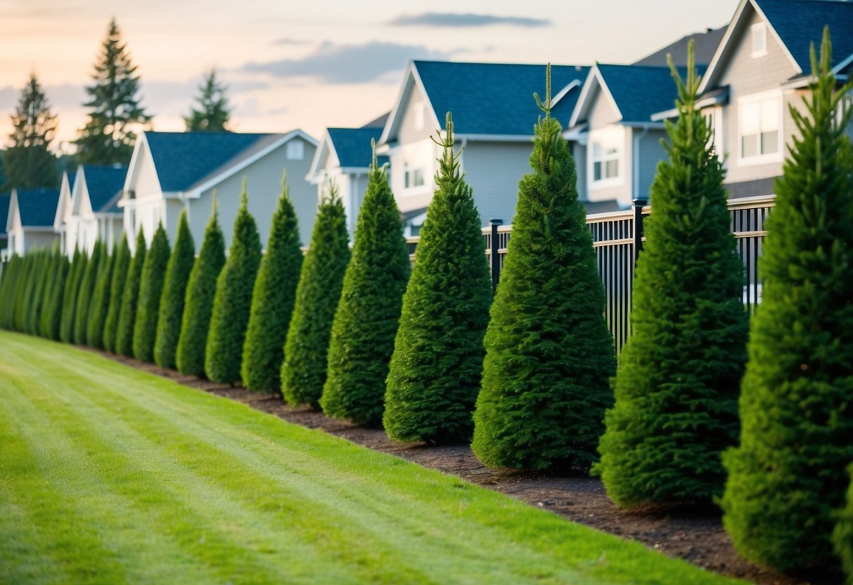 A row of tall, lush evergreen trees lining a fence, blocking the view of neighboring houses