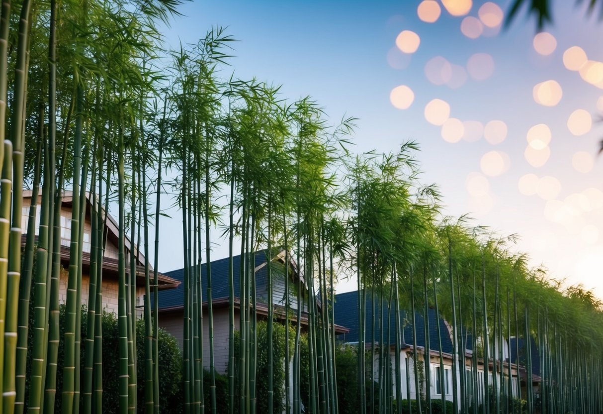 A tall row of bamboo plants obscuring neighboring houses