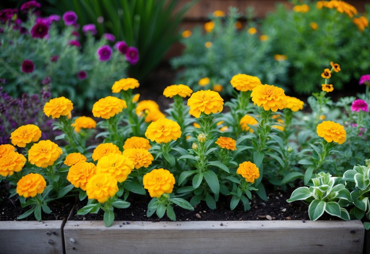 A garden bed with marigold flowers in bloom, surrounded by a mix of annual and perennial plants, showcasing the difference between the two types