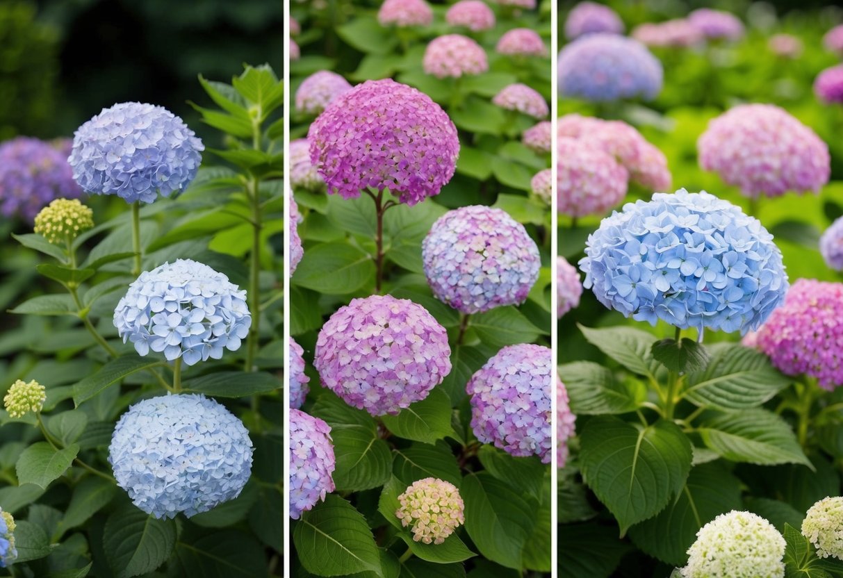 A garden with various hydrangea plants in bloom, showcasing their different growth habits and sizes