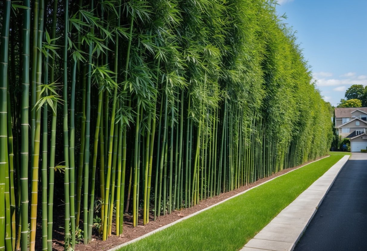 A tall row of dense, leafy bamboo plants creating a natural barrier between two properties, blocking the view of neighboring houses