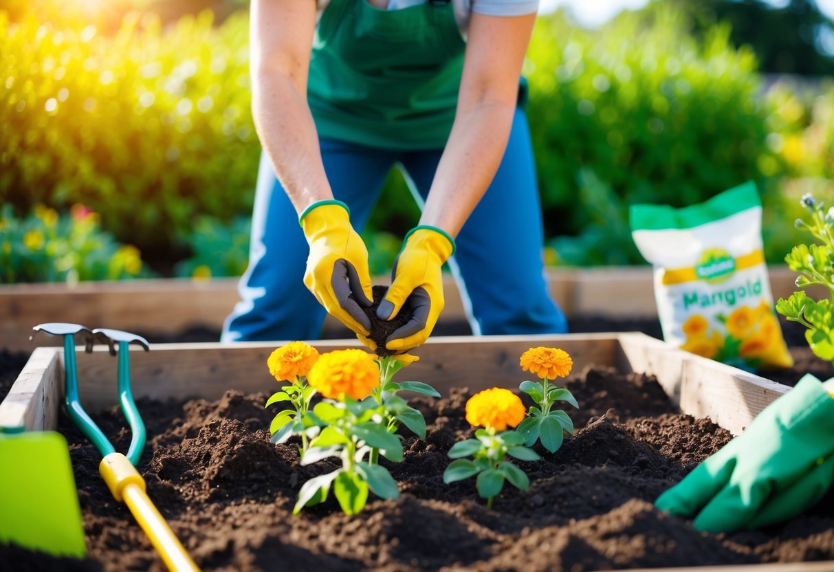 A gardener planting marigold seeds in a sunny garden bed, surrounded by gardening tools and bags of soil