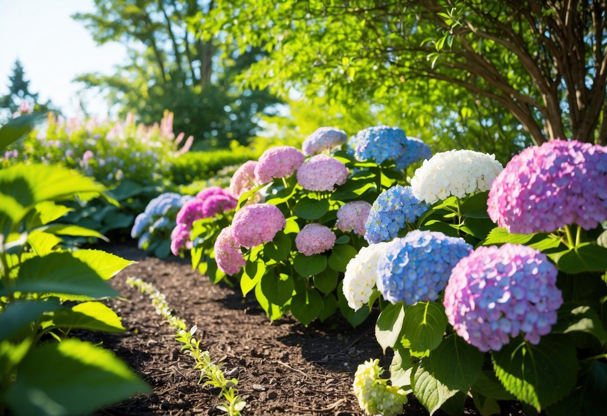 A lush garden with dappled sunlight, rich, well-draining soil, and a gentle breeze. Hydrangeas bloom in shades of pink, blue, and white