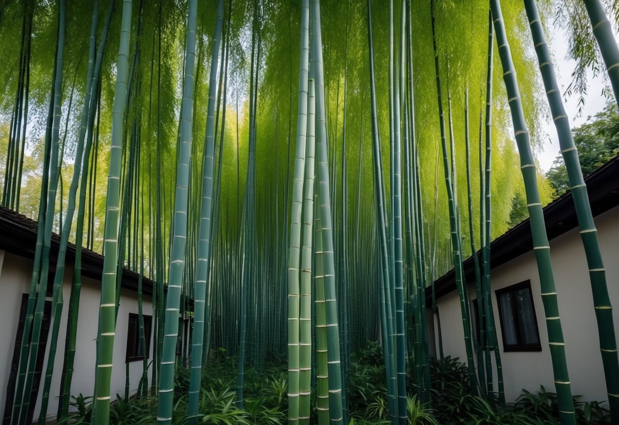 A tall and dense bamboo grove stands between two houses, shielding one from the view of the other