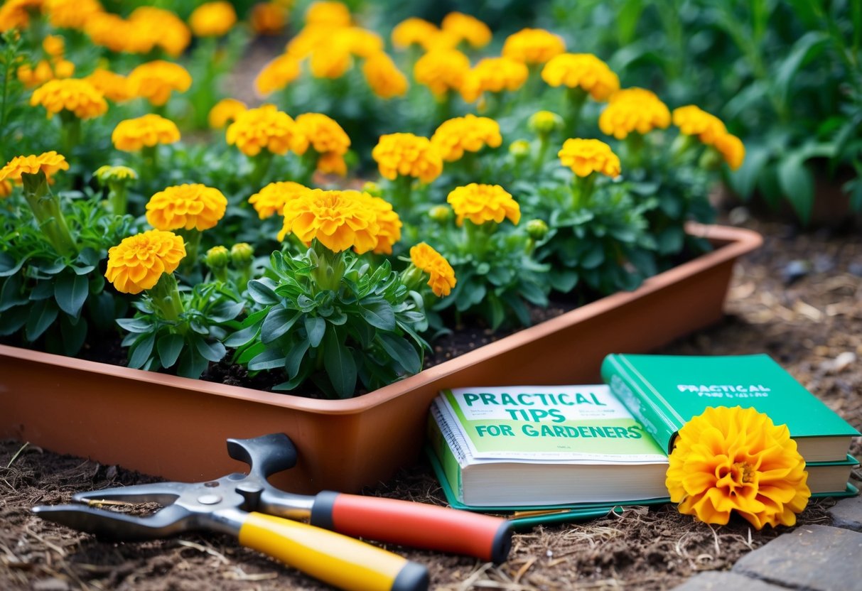 A vibrant garden bed with marigold plants in full bloom, surrounded by gardening tools and a book titled "Practical Tips for Gardeners."