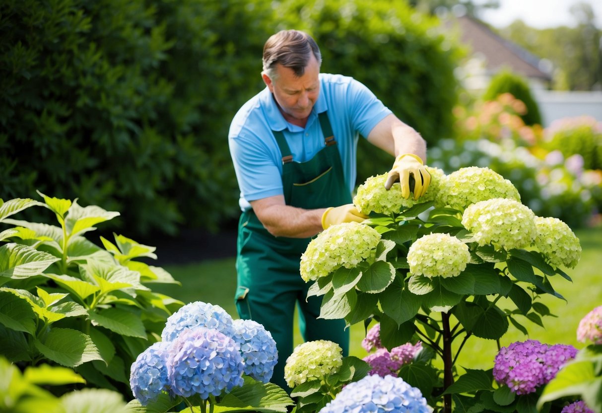 A gardener tending to a blooming hydrangea plant in a well-maintained garden. The plant is surrounded by healthy green foliage and colorful flowers