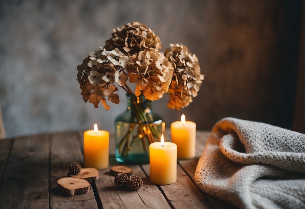 A vase of dried hydrangea blooms sits on a rustic wooden table, surrounded by candles and a cozy blanket, creating a warm and inviting atmosphere