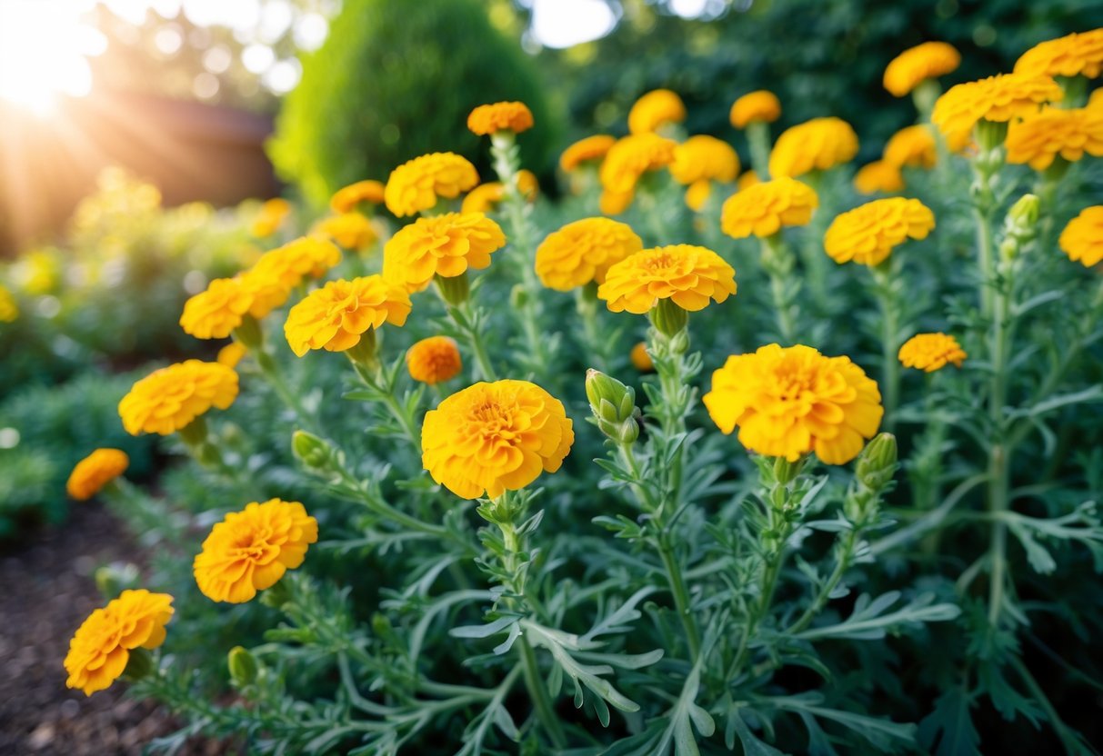 A garden with vibrant marigold flowers in full bloom, surrounded by lush green foliage and bathed in warm sunlight