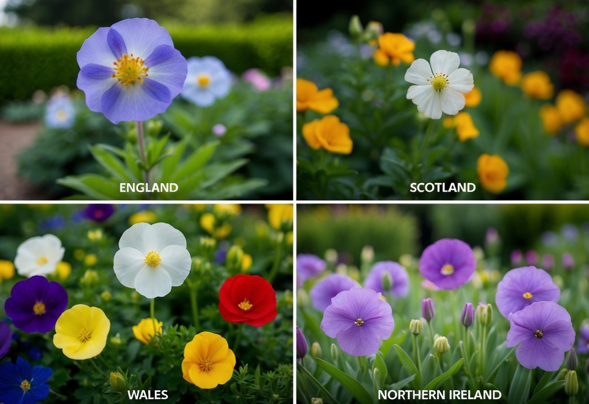 A garden with four distinct sections, each showcasing the national flower of England, Scotland, Wales, and Northern Ireland