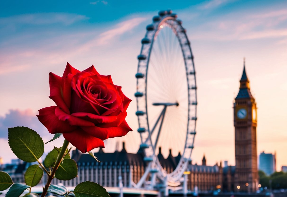 A blooming red rose with green leaves, set against a backdrop of iconic UK landmarks like Big Ben and the London Eye