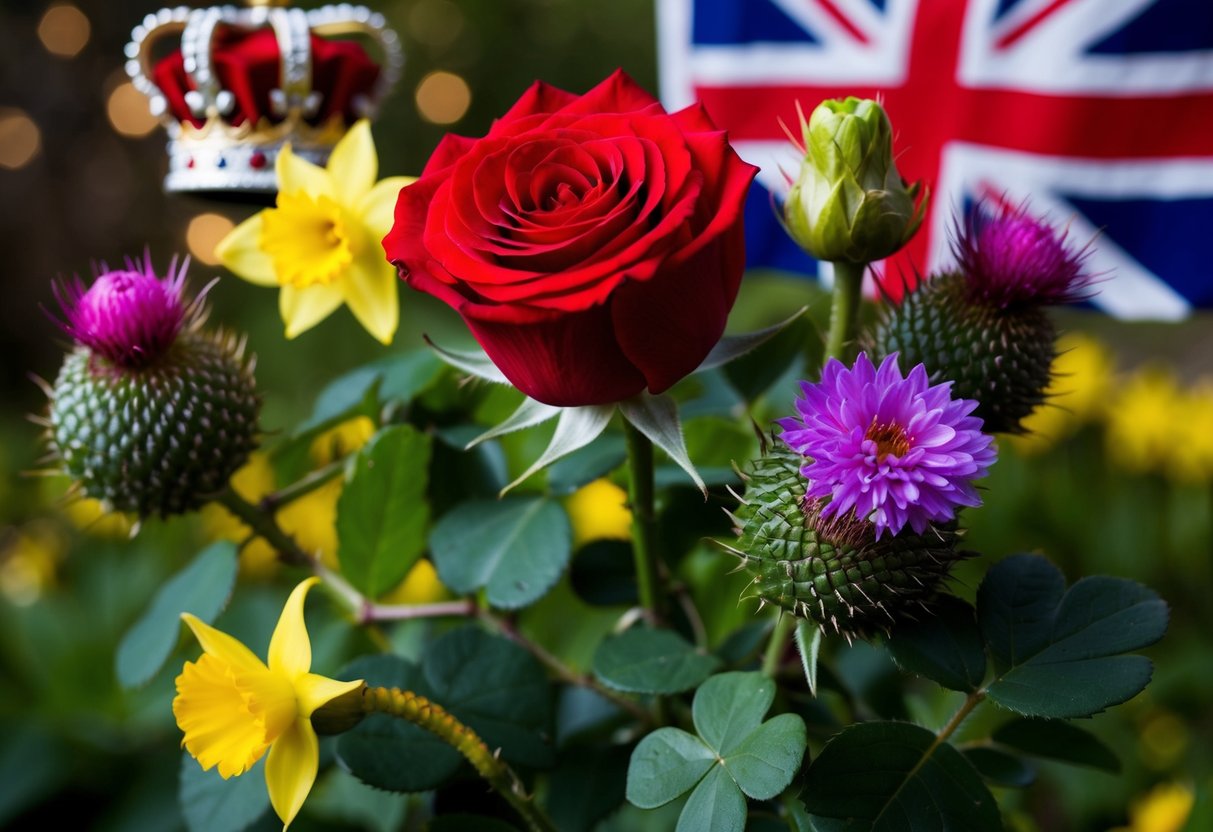 A blooming red rose surrounded by thistle, daffodil, and shamrock, with a crown and Union Jack in the background