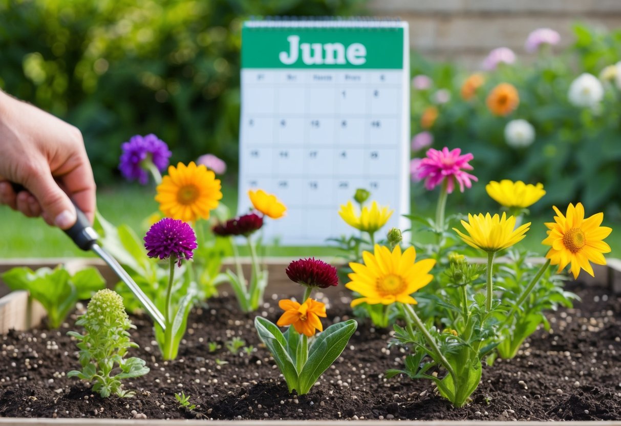 A garden with various annual flowers being sown in June, with a calendar in the background showing the planting schedule