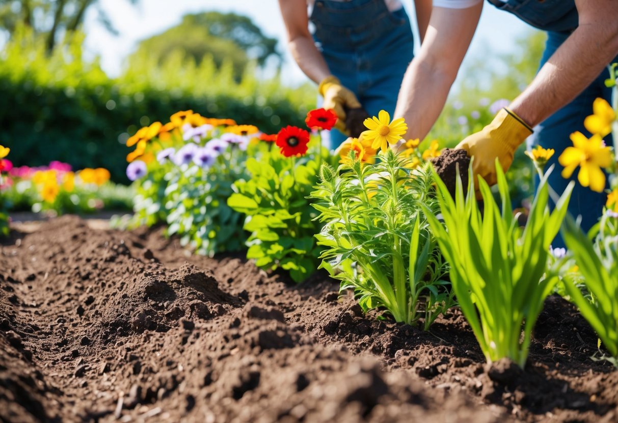 A sunny garden in May, with a variety of annual flowers being planted in freshly tilled soil