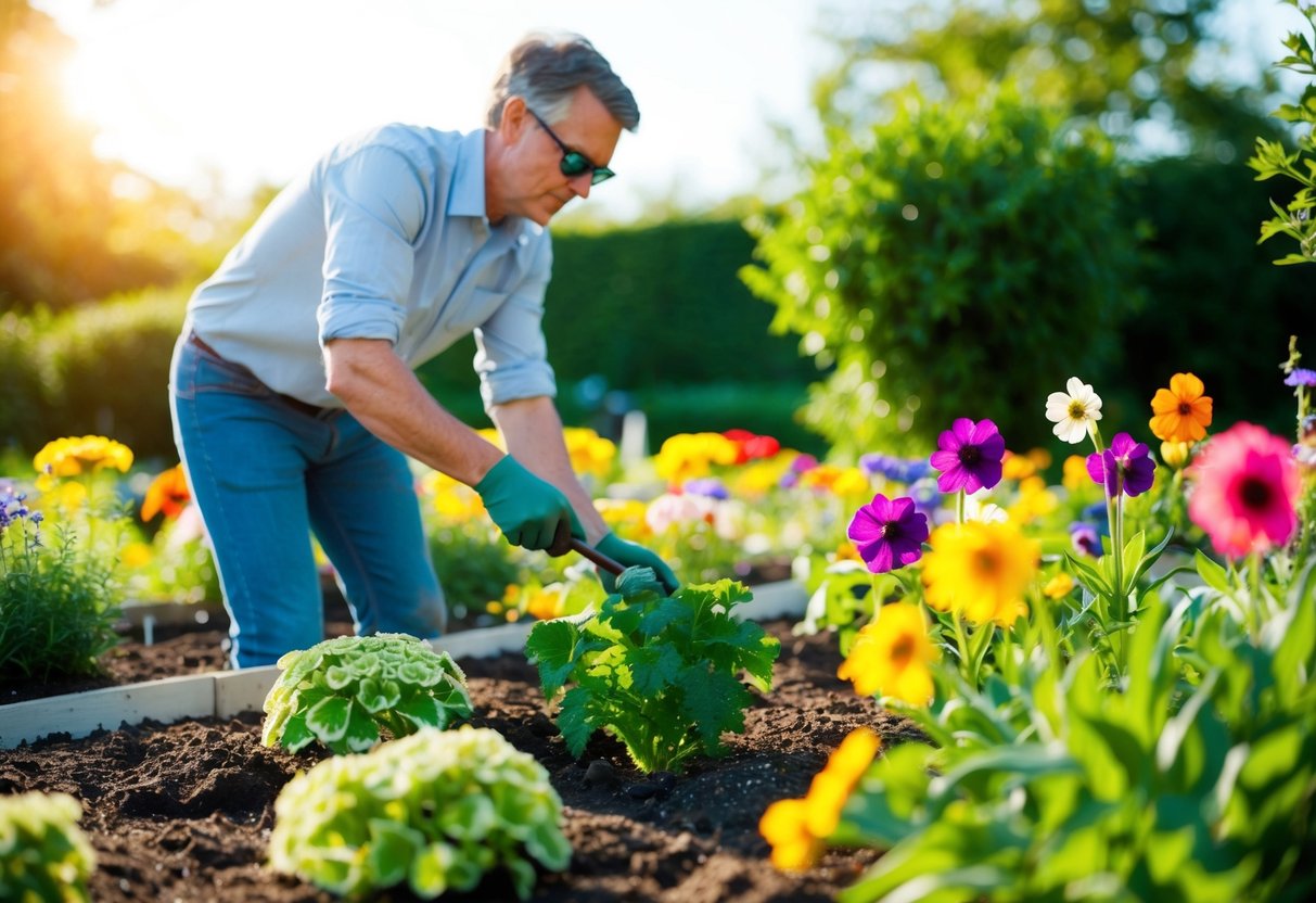 A sunny garden with colorful annual flowers being planted in June. The gardener carefully selects and sows the perfect flowers for the summer season