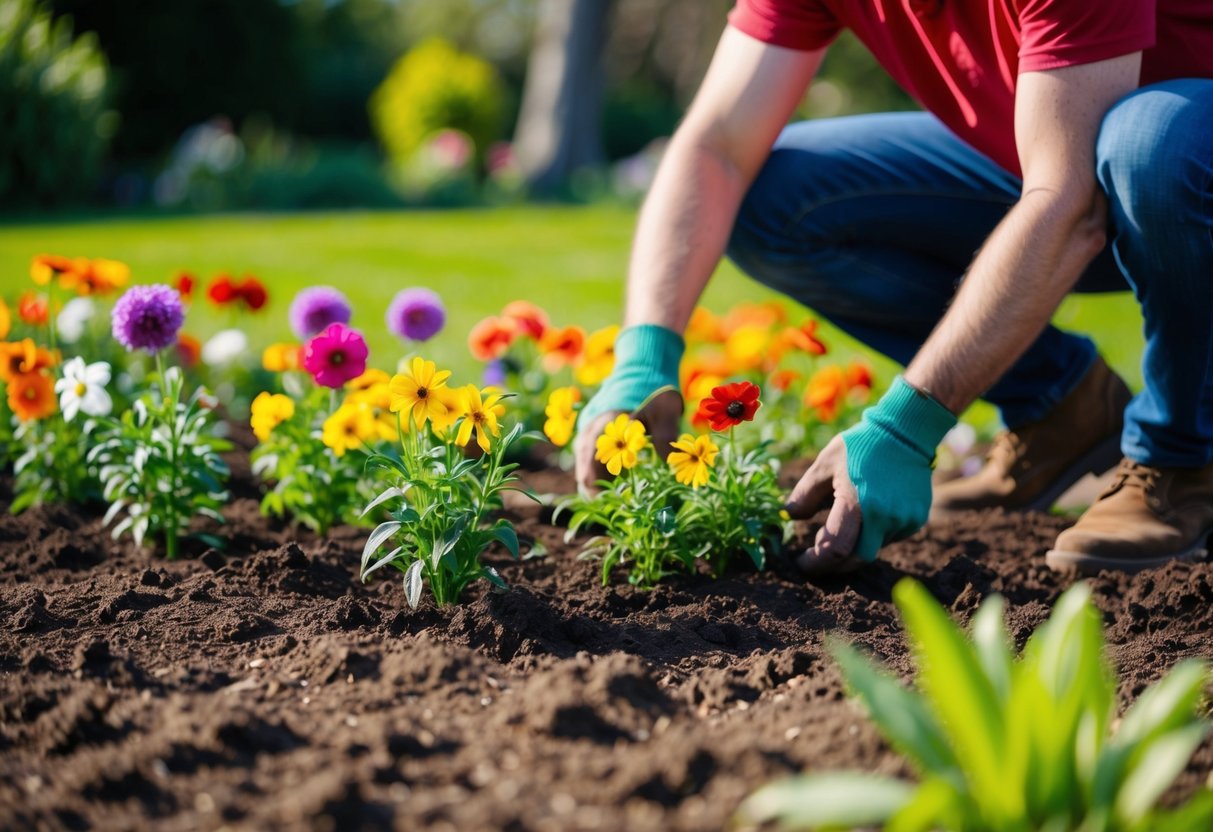 A sunny garden with colorful annual flowers being planted in fertile soil during the spring months