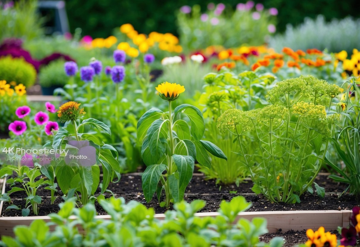 A vibrant garden with diverse plants arranged in companion planting and crop rotation, showing various annuals being sown in June