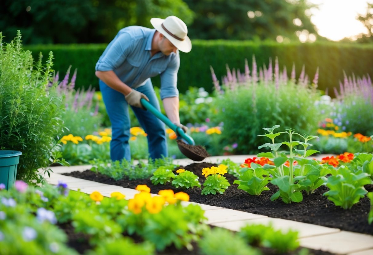 A gardener sowing annuals in a well-maintained garden in June