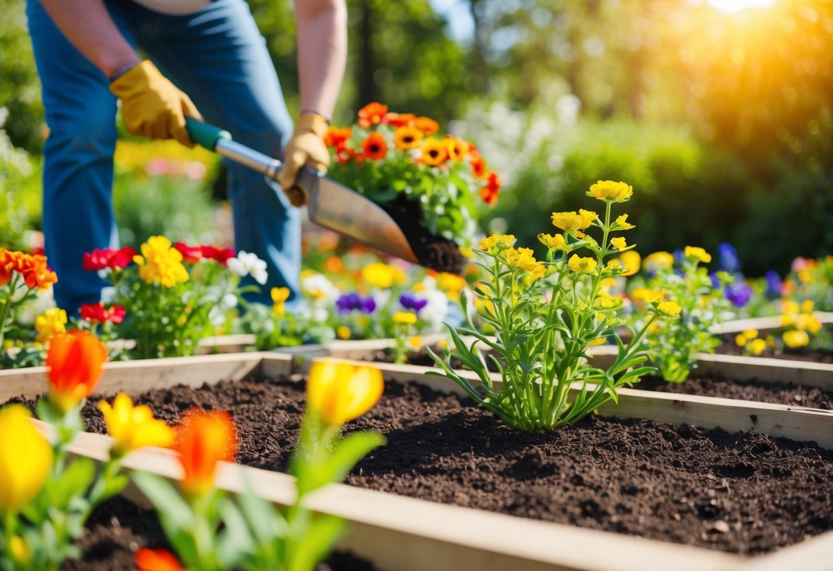 A sunny garden bed with colorful annual flowers being planted in the spring