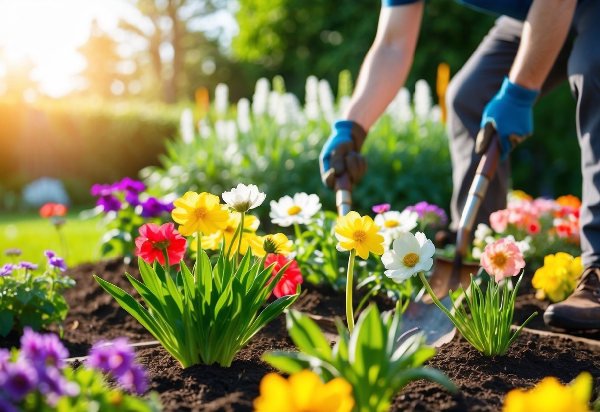 A sunny garden with a variety of blooming annual flowers being planted in the spring