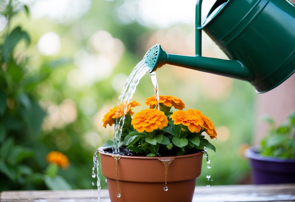 A watering can pouring water onto a potted marigold, with excess water draining out from the bottom of the pot